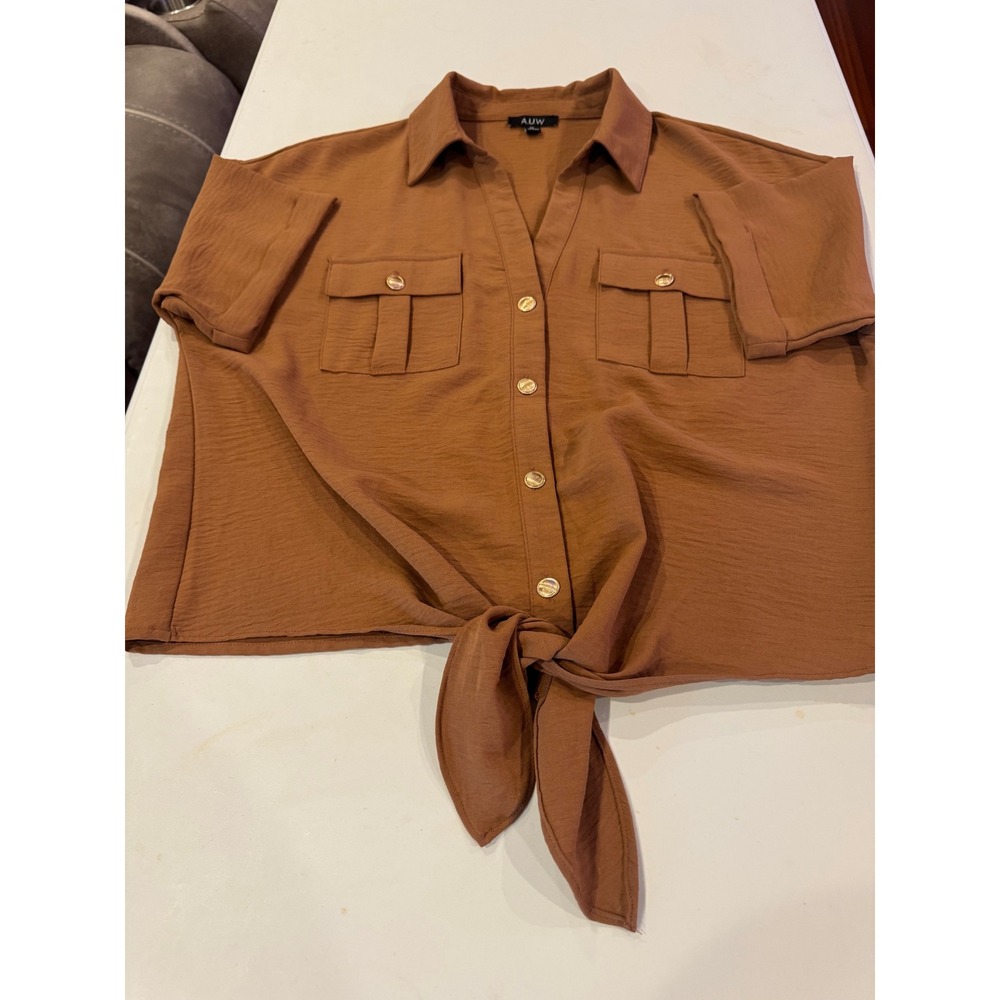 AUW Brown Button Down Tie Front Cropped Shirt Womens Medium Short Sleeve Top - Picture 4 of 4